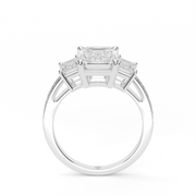 White Gold Emerald Cut Diamond Three Stone Pave Engagement Ring With Prong Setting